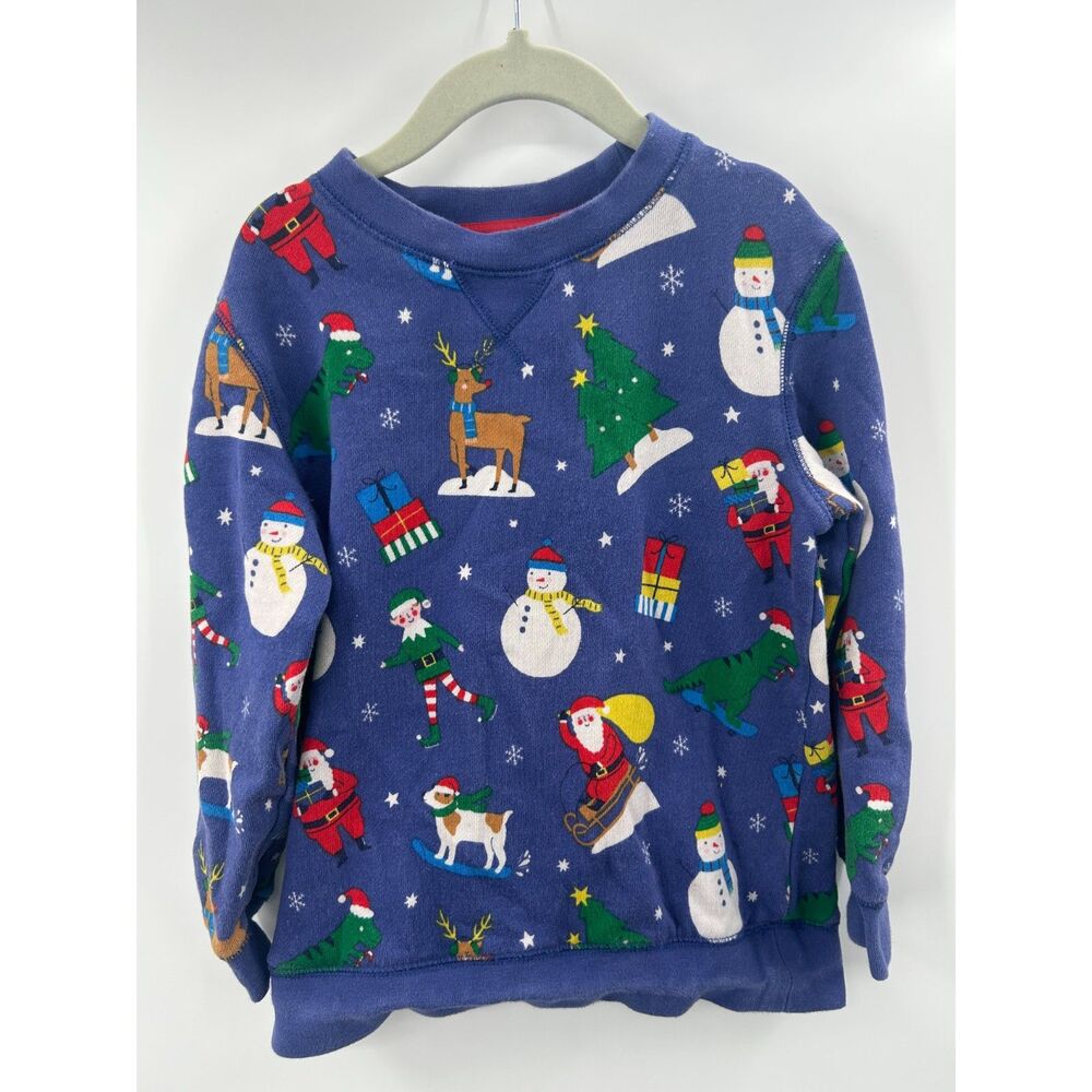 Mini Boden Boys Christmas Sweatshirt Size 6-7 Blue Santa Elf All over Print